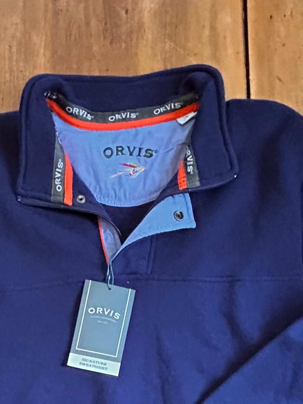 NWT - Orvis sweatshirt, pullover, blue, men's L, 1/4 zip, sueded fleece